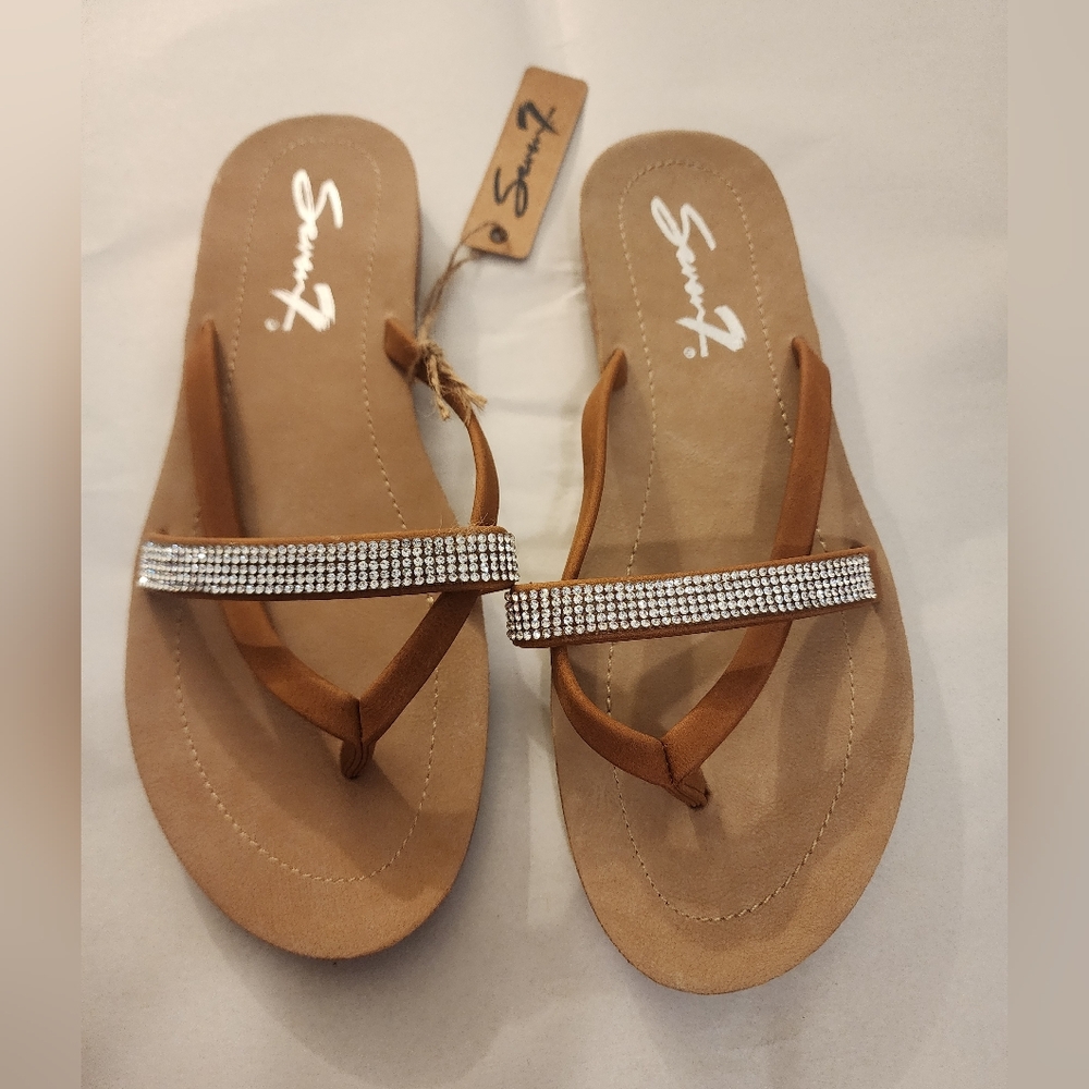 Seven7 Women's Brown Suede Sandals with Rhinestone Strap NWT Slip-on Size 9